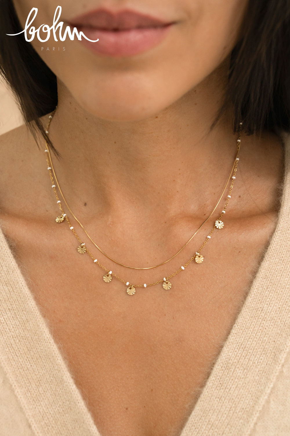 Großhändler Bohm - Halskette - 2 Lagen, feine Schlangenkette und Kette mit Emaille-Perlen und strukturierten runden Quasten