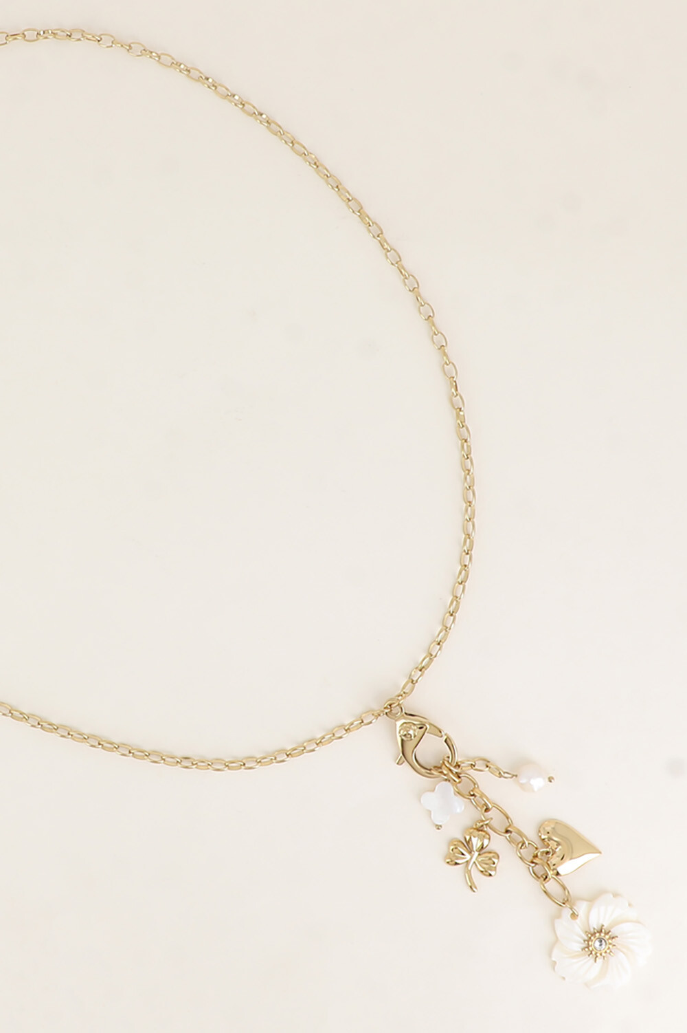 Großhändler Bohm - Y-Kette - Karabiner mit Kristall und Rose, Kleeblätter, Herz, Perlmuttblume
