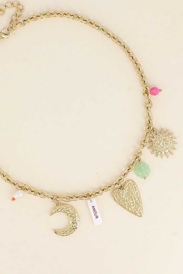 Mayorista Bohm - Collar - placa de nácar con inscripción AMOR en esmalte, sol, luna, corazón, trébol