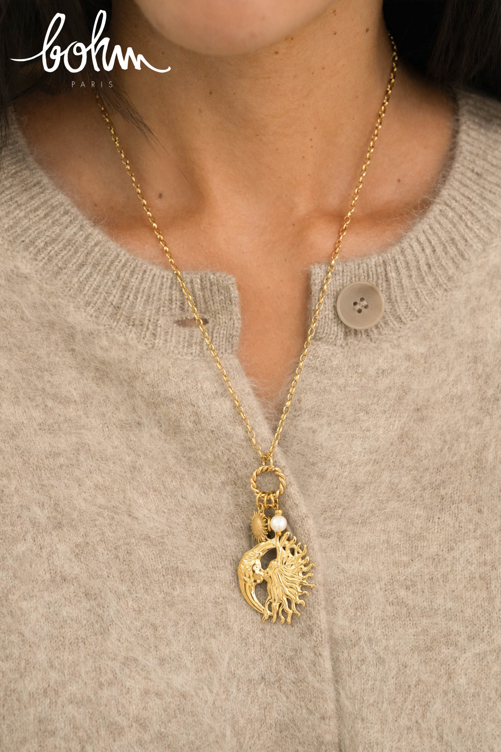 Grossista Bohm - Collana - 3 pendenti, perla d'acqua dolce, sole e charm musa