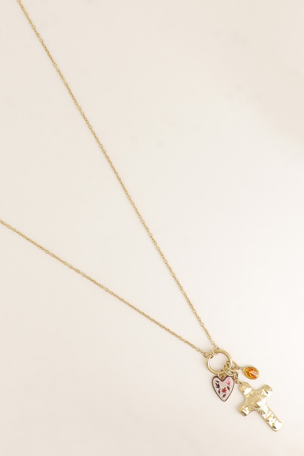 Grossiste Bohm - Sautoir - croix religieuse, la Madone, coeur émaillé aux motifs feuillages