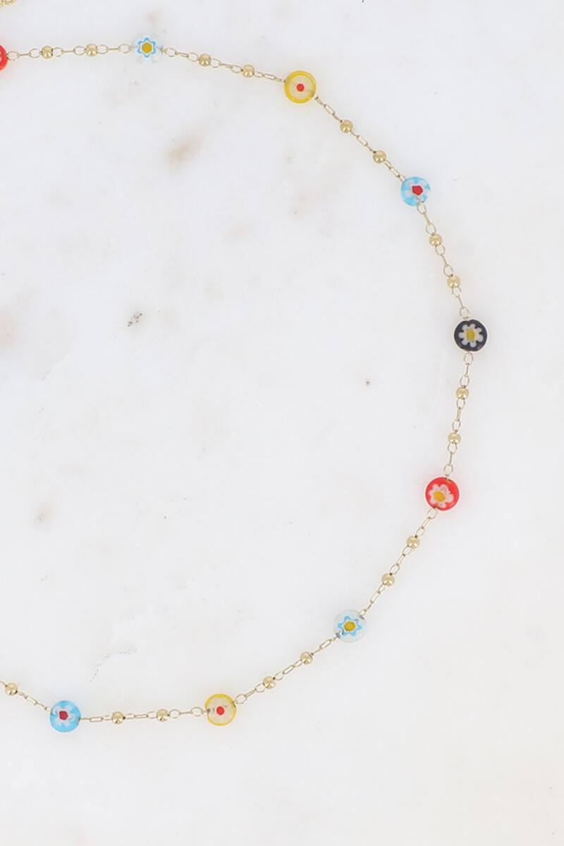 Grossiste Bohm - Collier fin - chaîne à boules avec pampilles rondes en résine aux fleurs