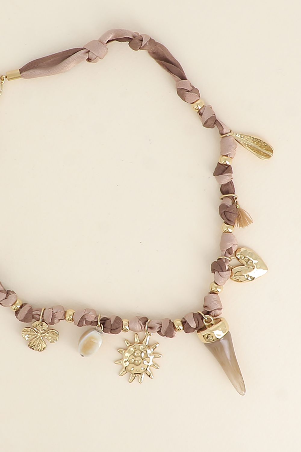 Wholesaler Bohm - Necklace - ribbon fabric, glazed ceramic bead, sun, resin horn, textured heart