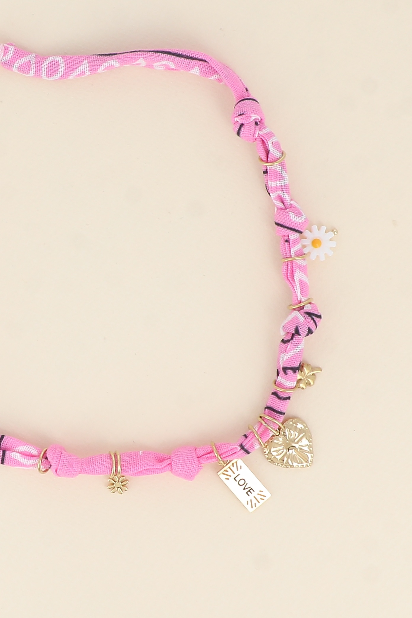 Wholesaler Bohm - Necklace - ribbon fabric, beaded flower, heart clover, LOVE plaque, sun