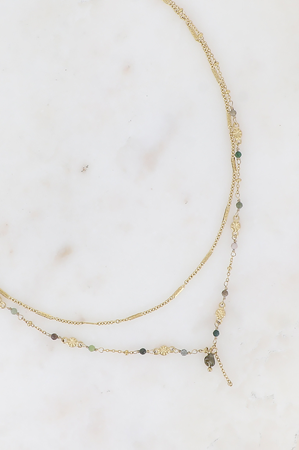 Grossiste Bohm - Collier 2 rangs - maille forçat alternée, avec boules et pierres naturelles