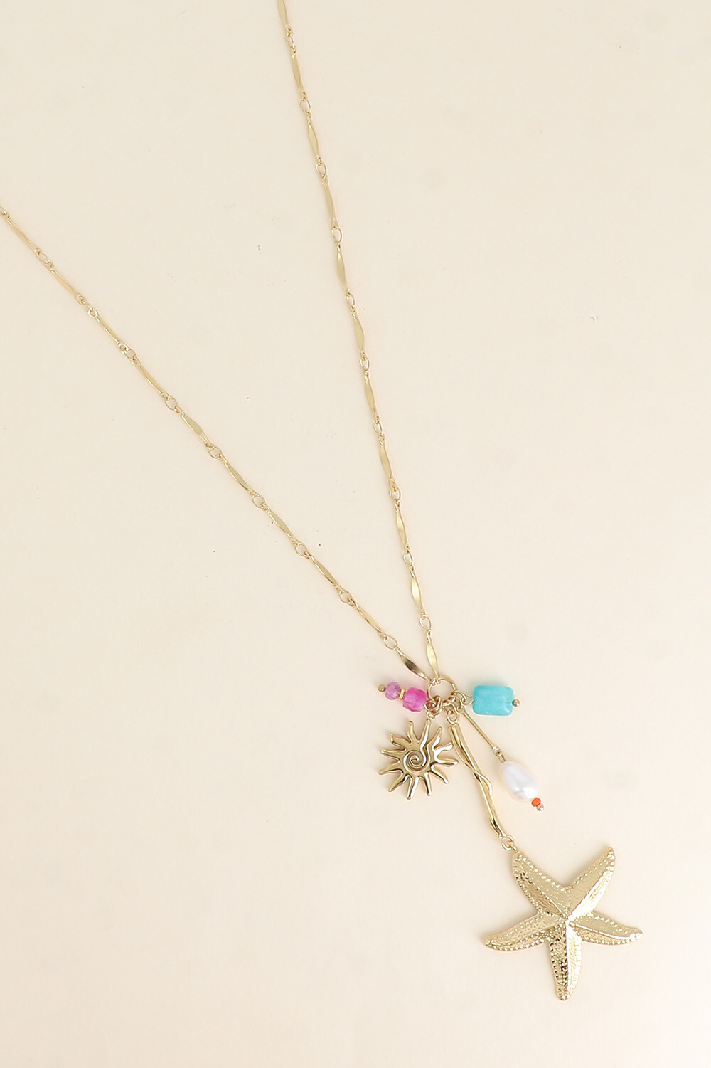 Grossiste Bohm - Collier en Y - étoile de mer, perle de résine blanche, soleil et pierres naturelles