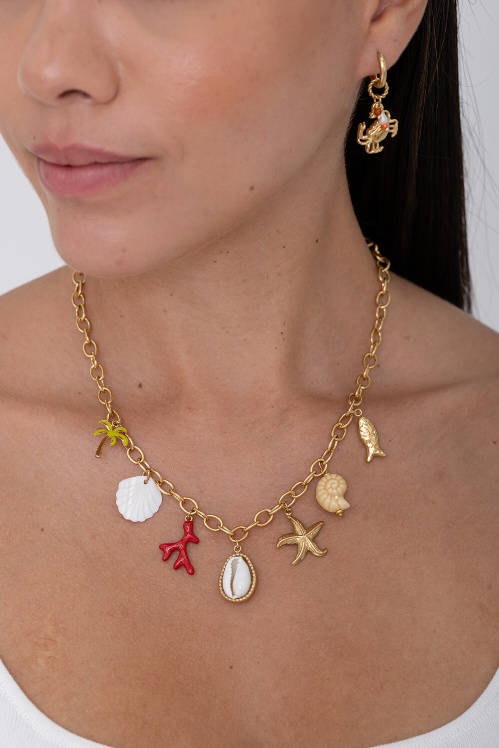 Grossista Bohm - Collana - conchiglia madreperla, corallo smaltato, cauri naturale, stella marina, ceramica, palma, pesce