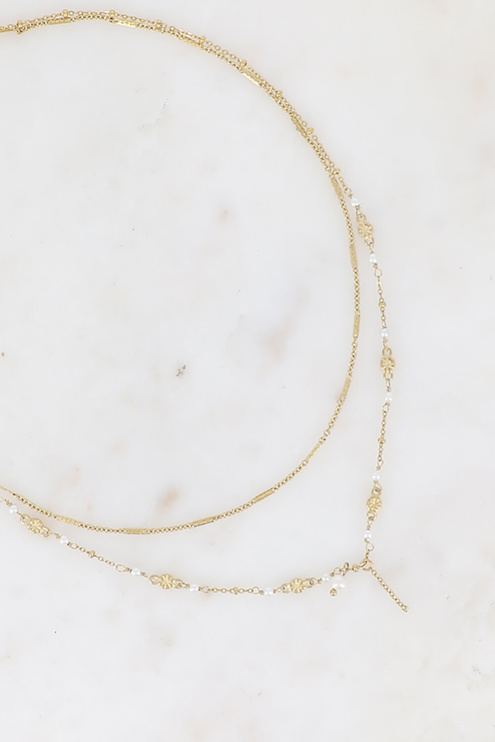 Grossiste Bohm - Collier 2 rangs - maille forçat alternée, avec boules et perles d'eau douce