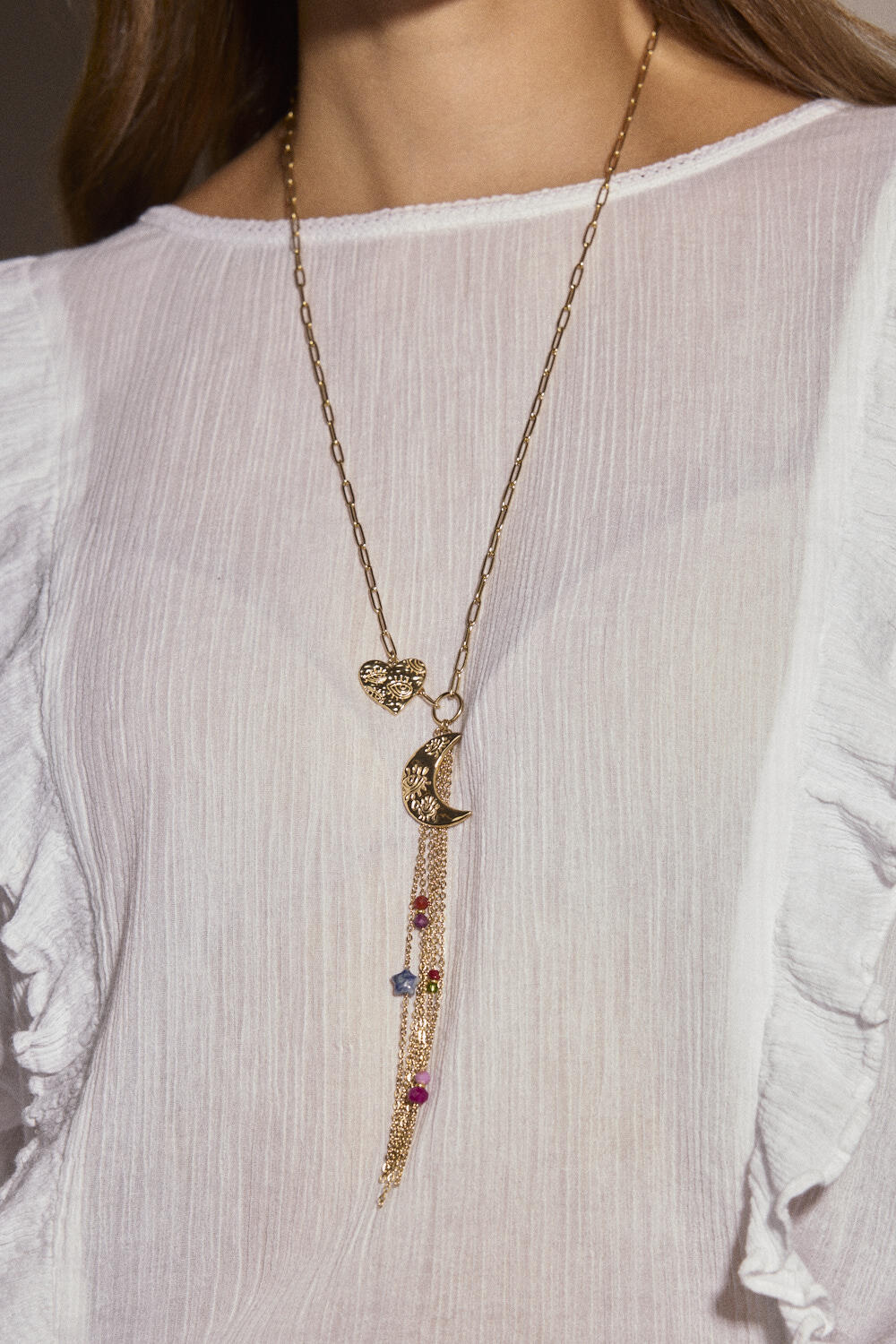 Wholesaler Bohm - Necklace - moon, heart, dangling chains and pearls