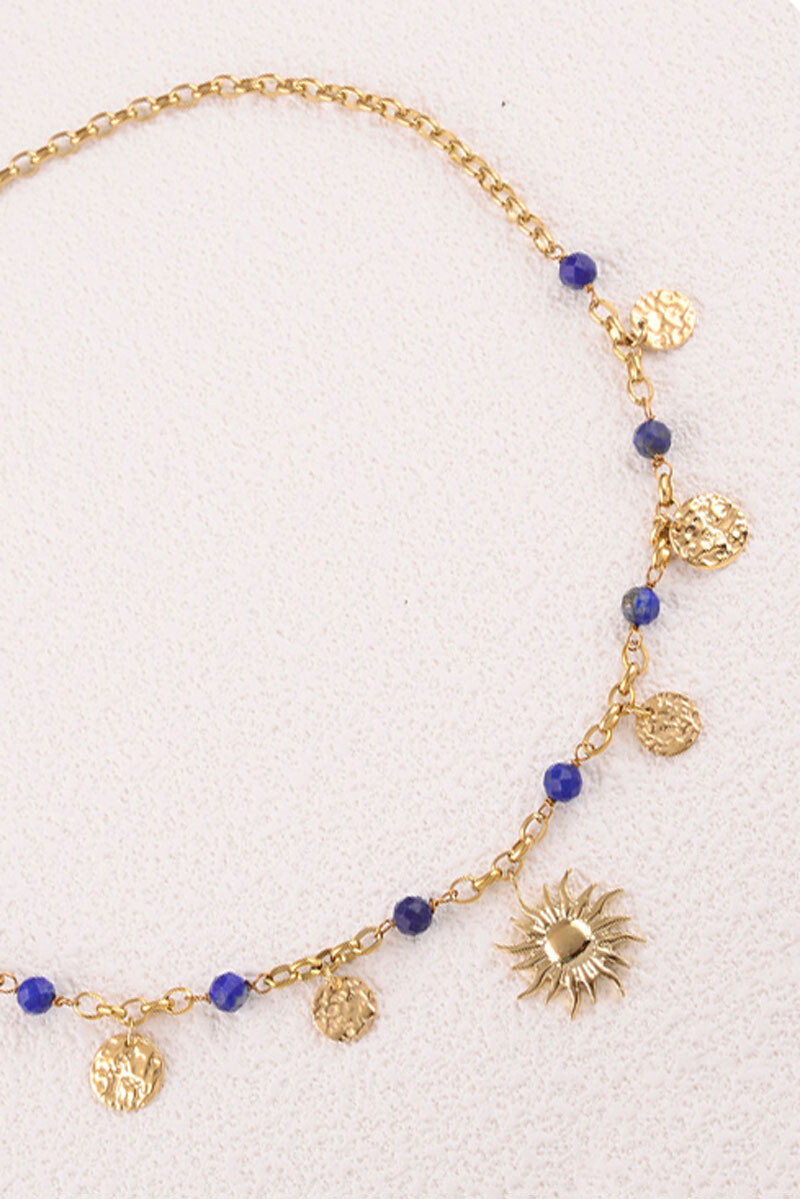 Wholesaler Bohm - Necklace - round hammered tassels, natural stones, sun pendant