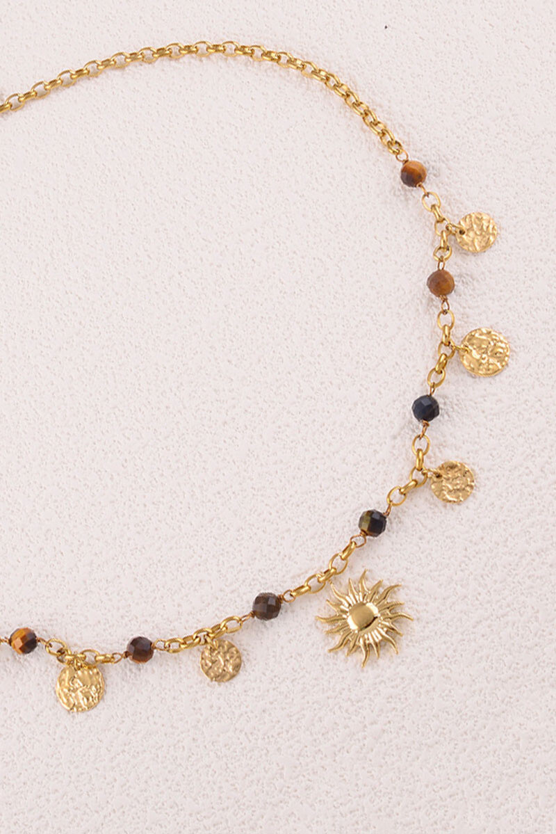 Grossiste Bohm - Collier - pampilles rondes martelées, pierres naturelles, pendentif soleil
