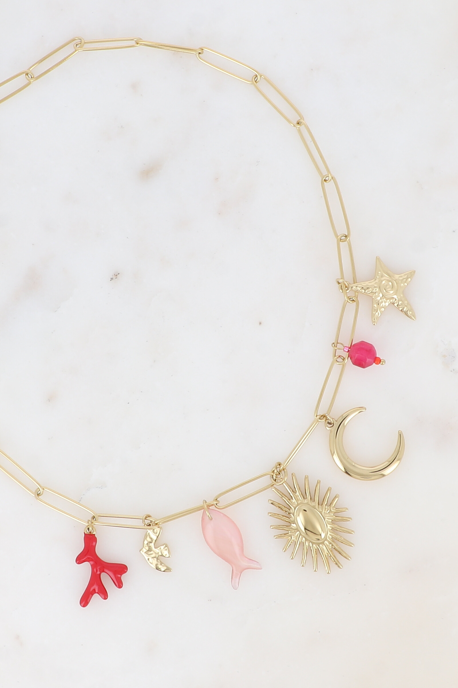 Mayorista Bohm - Collar - charms de acetato de pez, sol, estrella de mar y piedras naturales