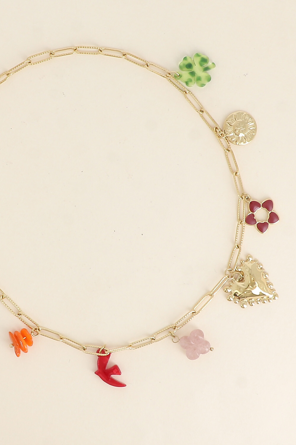 Grossiste Bohm - Collier - oiseau et trèfle en résine, coeur, fleur en émail, soleil
