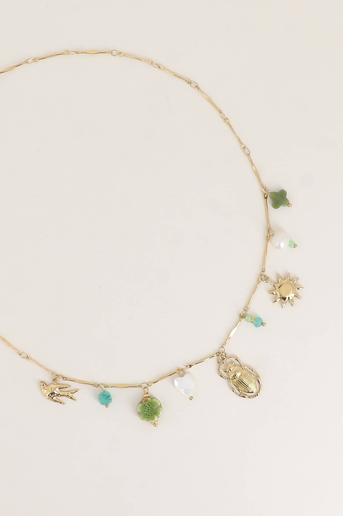 Mayorista Bohm - Collar - perla de agua dulce, piedras naturales, sol, insecto, flor de cerámica esmaltada, corazón de nácar