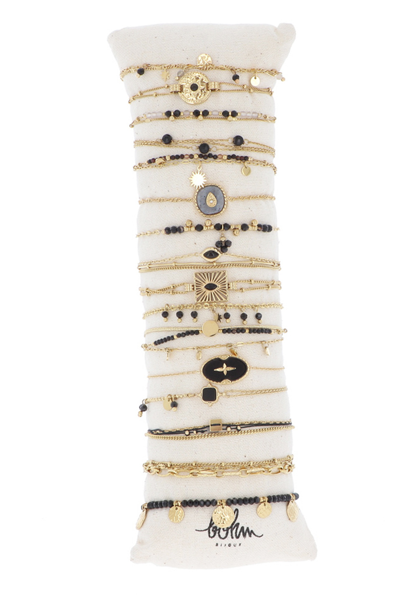 Mayorista Bohm - Kit de 16 pulseras de acero inoxidable - ágata negra dorada
