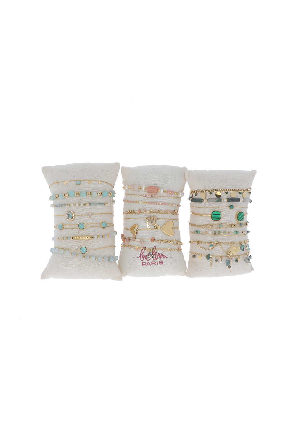 Großhändler Bohm - Kit mit 3 Würstchen mit 8 Armbändern – Türkis, Roségold und Grüngold – kostenloses Kissen