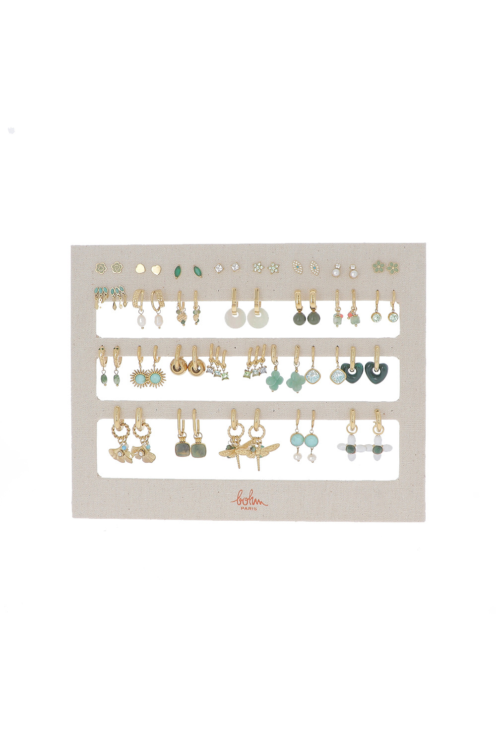 Wholesaler Bohm - Set of 27 earrings - gold green - display stand included