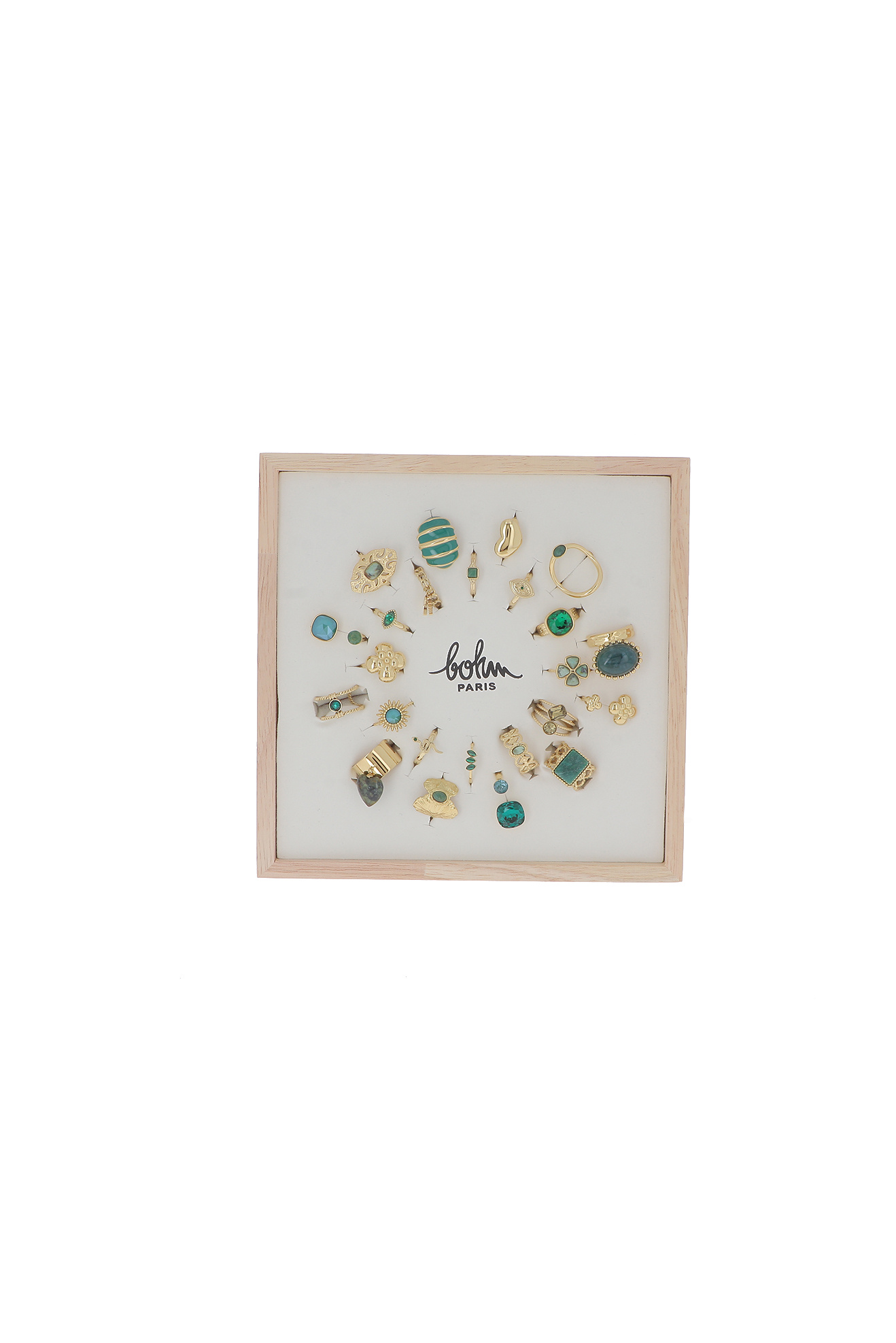 Grossiste Bohm - Kit de 24 bagues - doré vert - PRESENTOIR OFFERT