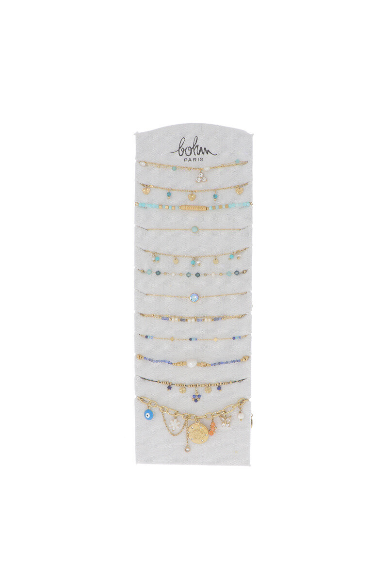 Mayorista Bohm - Kit de 24 (12+12) Pulseras - Oro azul - Exhibición gratuita