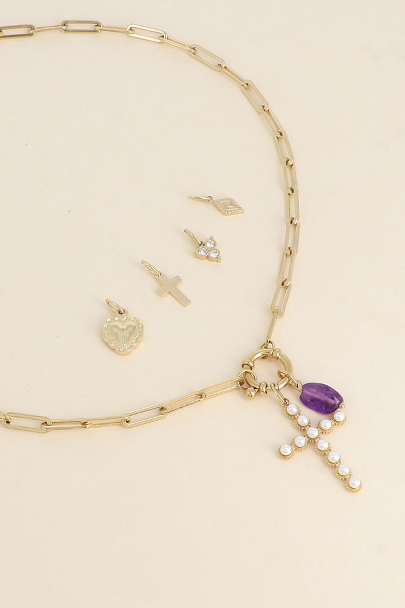 Grossiste Bohm - Cartelette CARPEDIEM Collier et 6 pendentifs, croix en résine nacrée et acétate