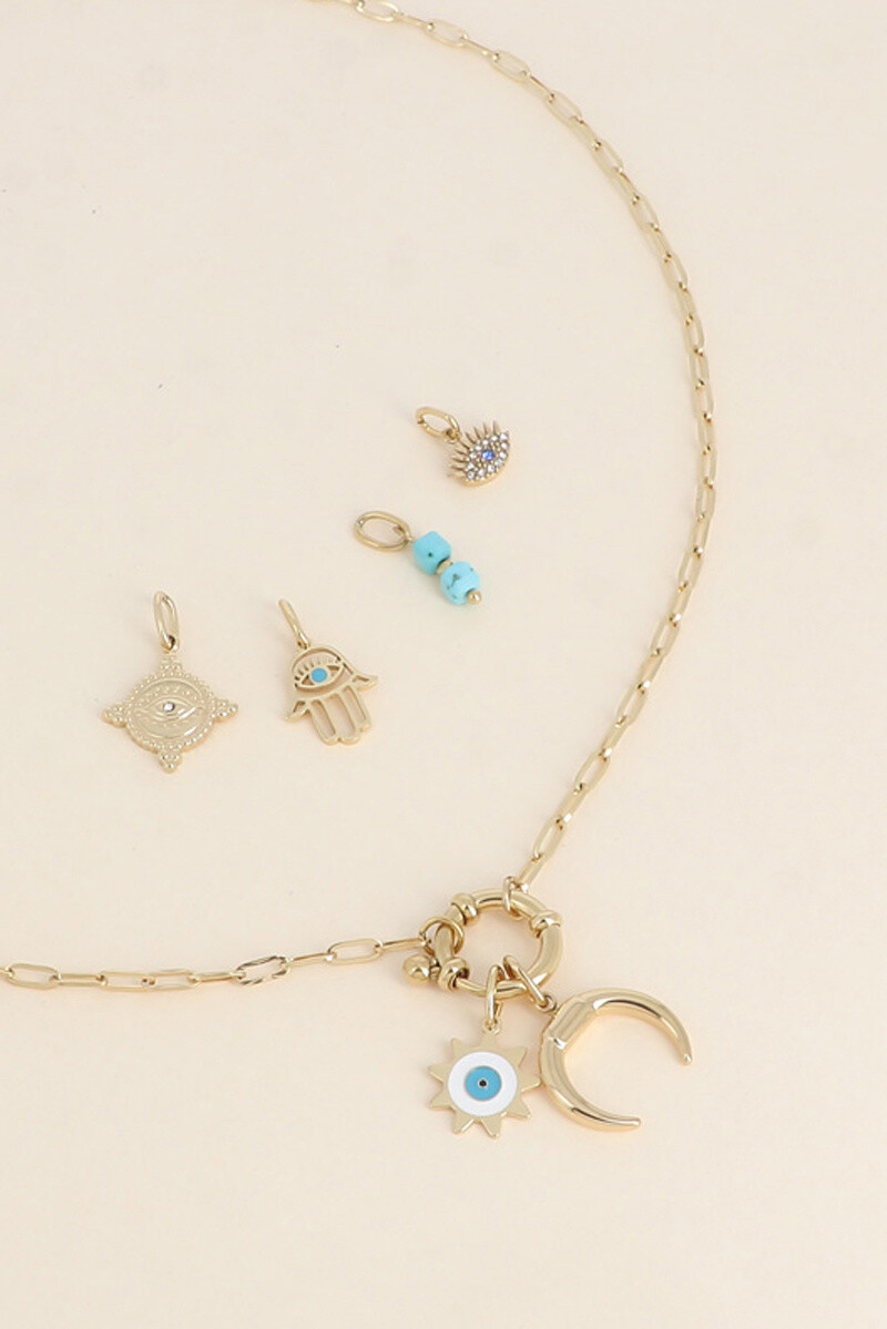 Grossiste Bohm - Cartelette CARPEDIEM Collier et 6 pendentifs (soleil oeil en émail et corne)
