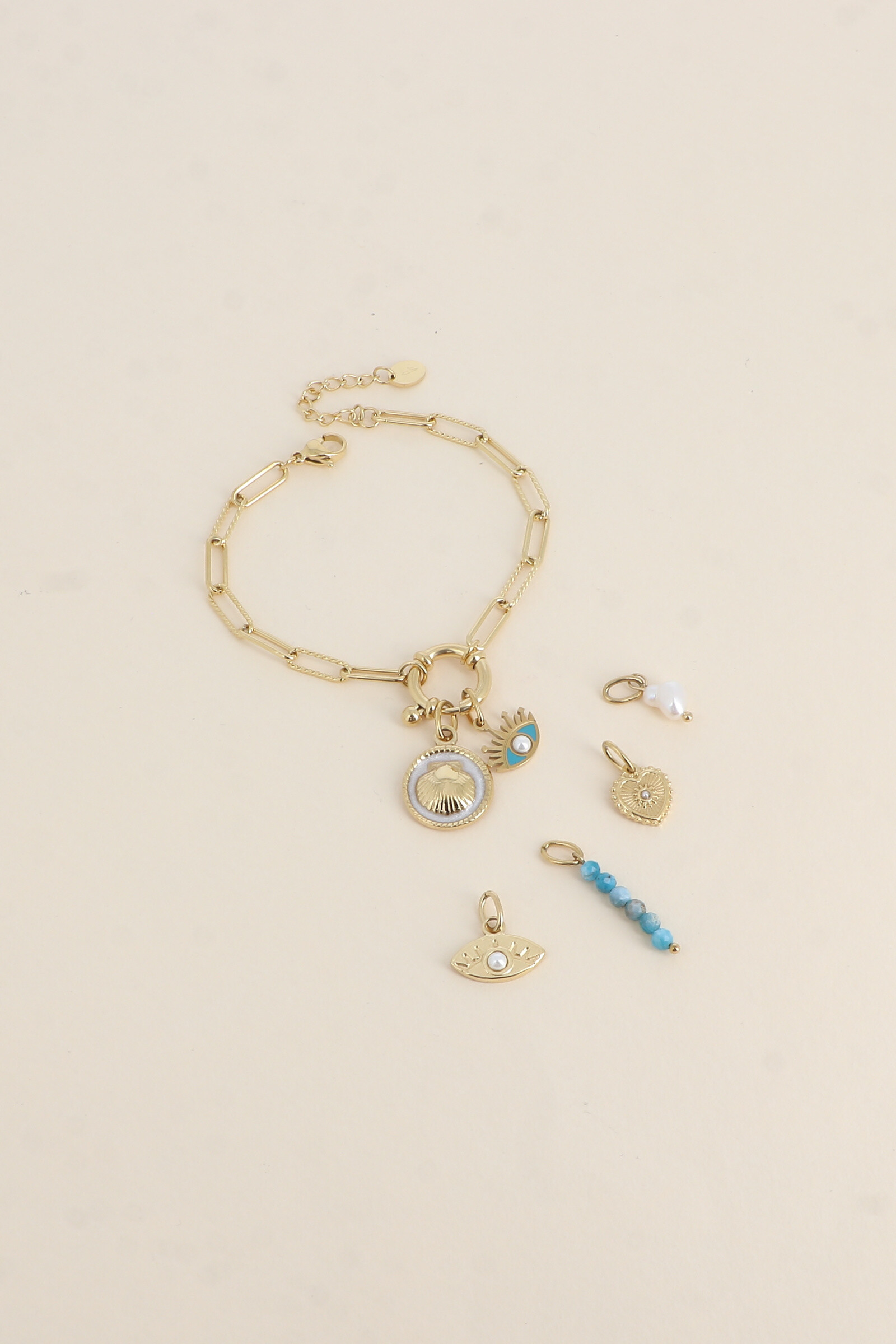 Grossiste Bohm - Cartelette SUMMER VIBES Bracelet et 6 pendentifs (coquillage et oeil émaillé)
