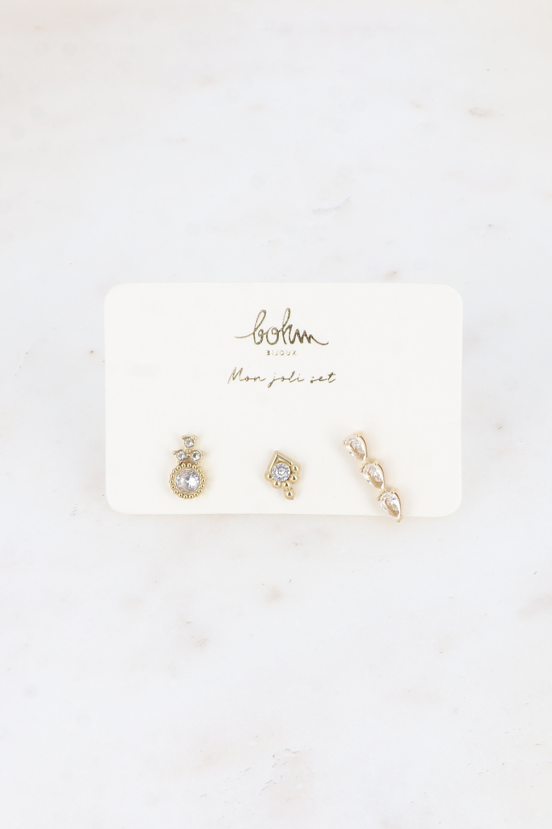 Mayorista Bohm - Set de 3 piercings (cristales redondos, gotas) en acero inoxidable