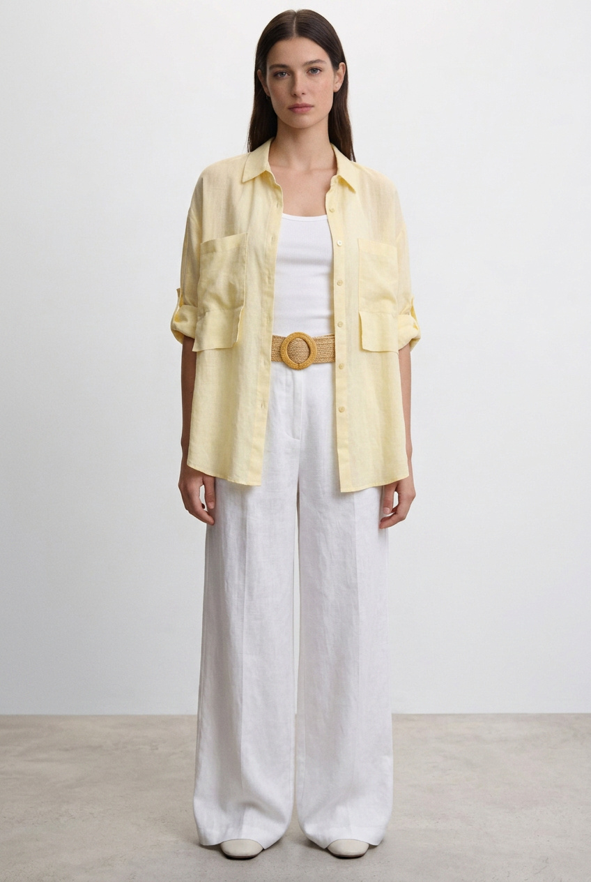 Mayorista BONNY - Camisa de lino amarillo claro con bolsillos