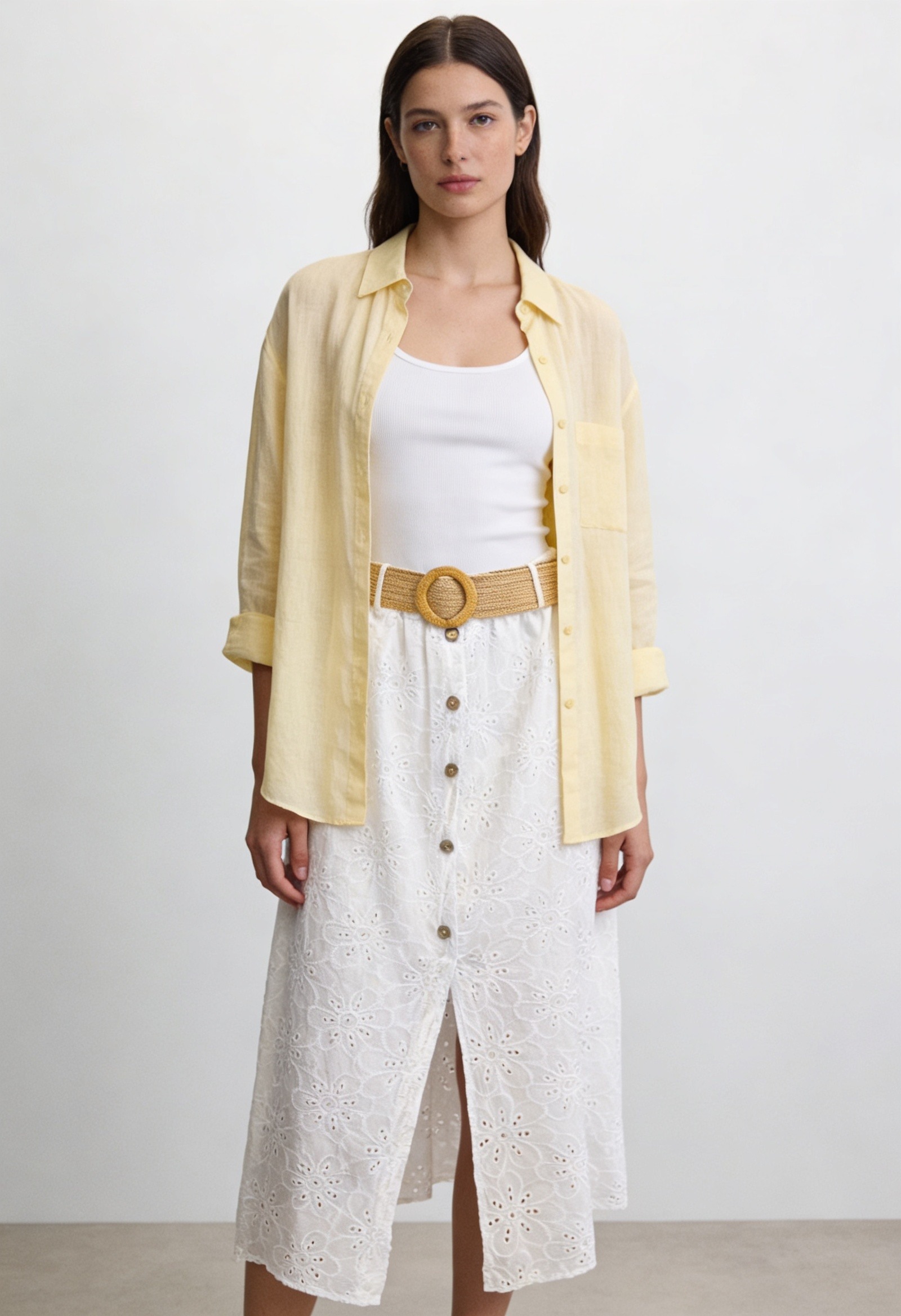 Mayorista BONNY - Falda midi bordada blanca con cinturón