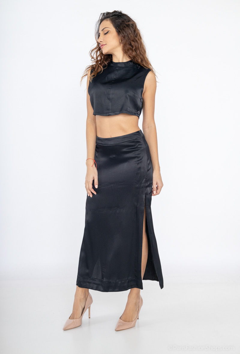 Set of Satin Midi Skirt with Deep Slit and Cropped Sleeveless Satin Blouse BSL