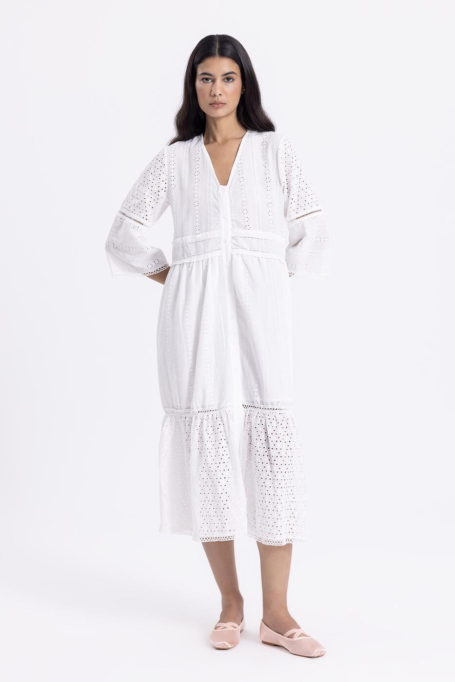 Wholesaler BSL - V-Neck Embroidered Midi Shirt Dress - BSL