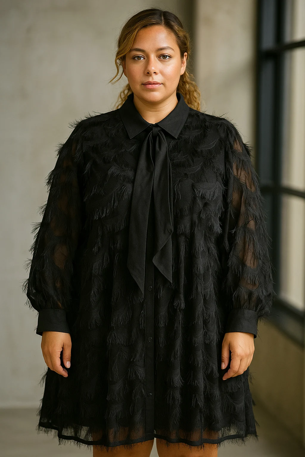 Blouse avec un col à cravate, tissu léger en plume.