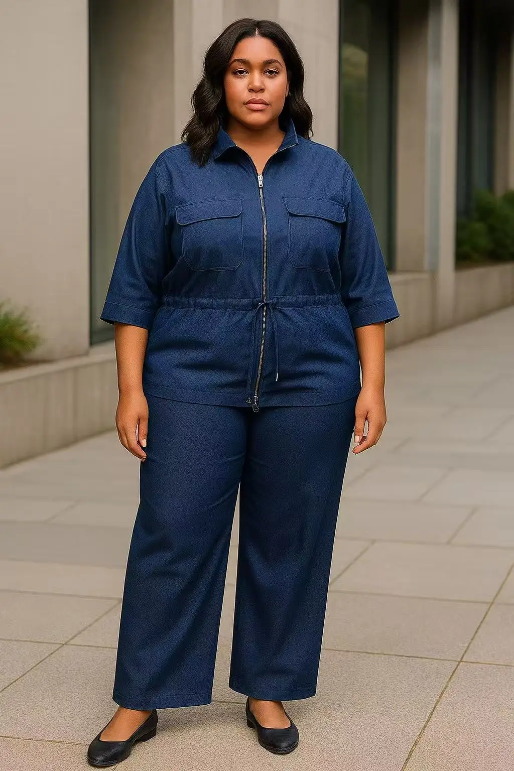 ensemble jeans, le haut avec poche et zip, le pantalon bas large.