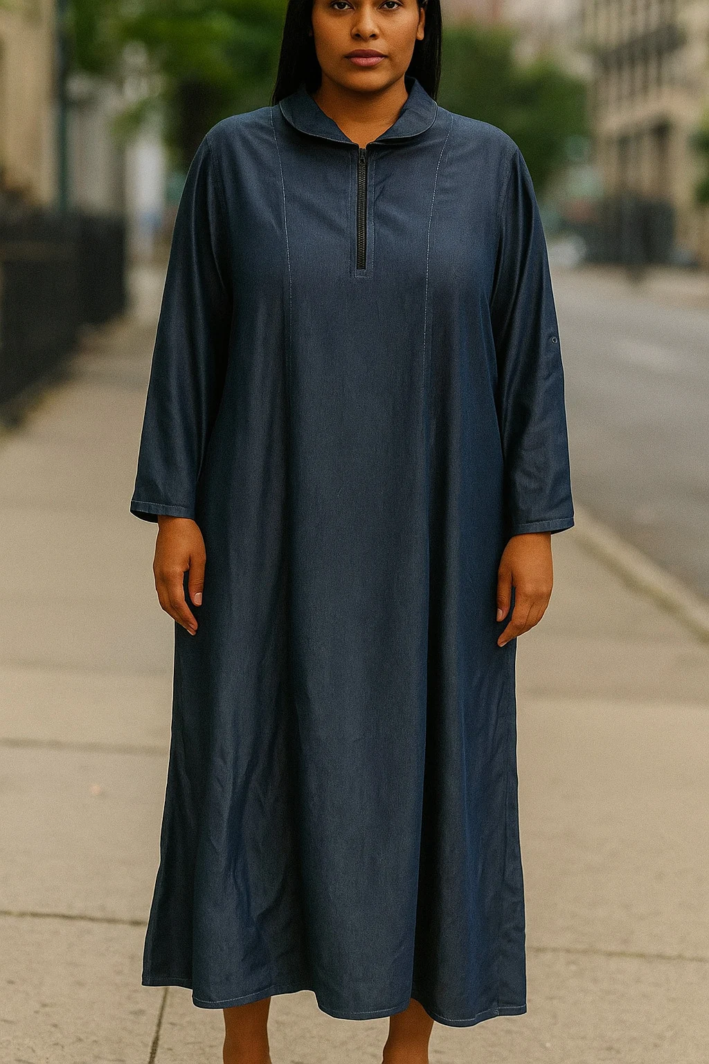 Robe en jeans tencel, avec zip et les manches peuvent être retroussées.