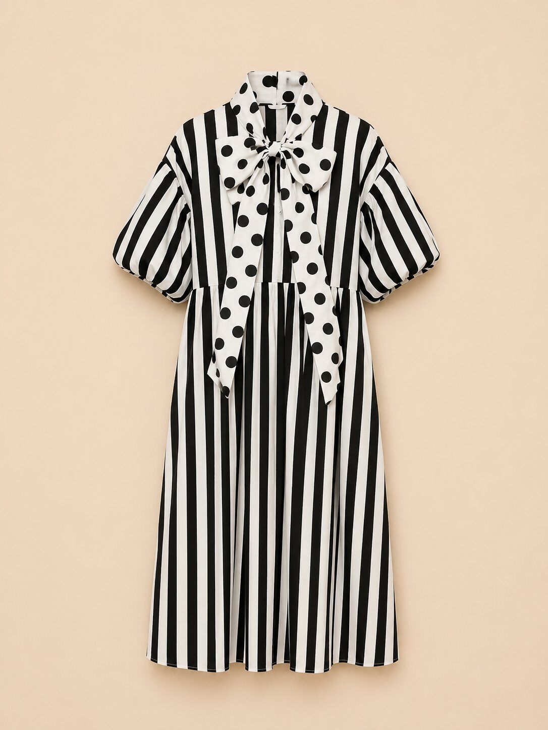 Grossiste Bubblee - Robe longue femme grande taille à rayures verticales avec nœud à pois (11526)