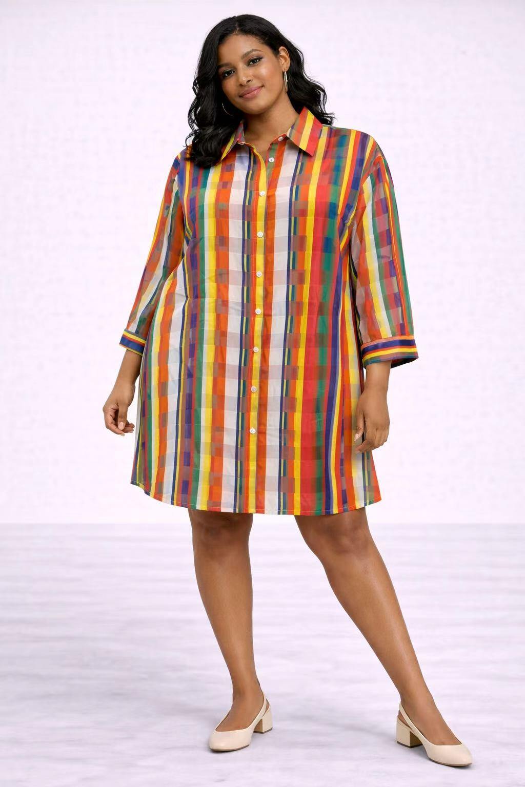 Chemisier imprimée sur organza carreaux.