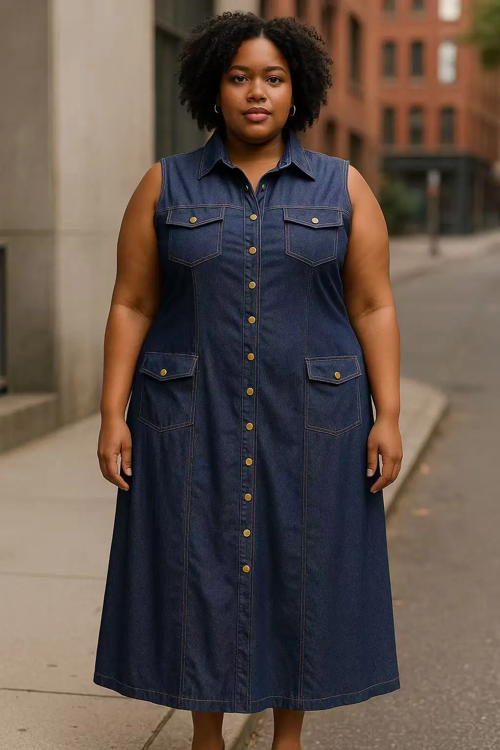 Robe chemisier sans manche en tissu jeans foncé.