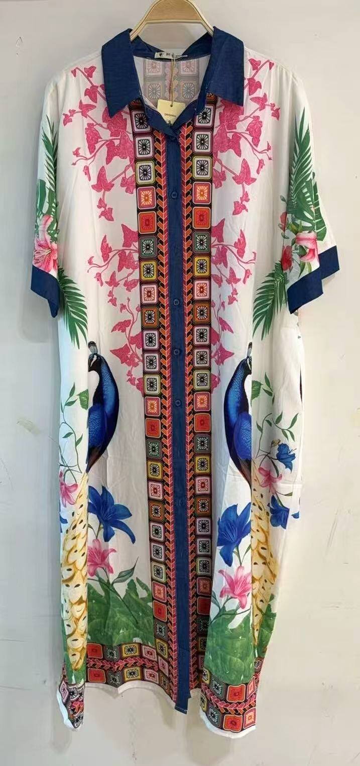 Peacock print shirt dress