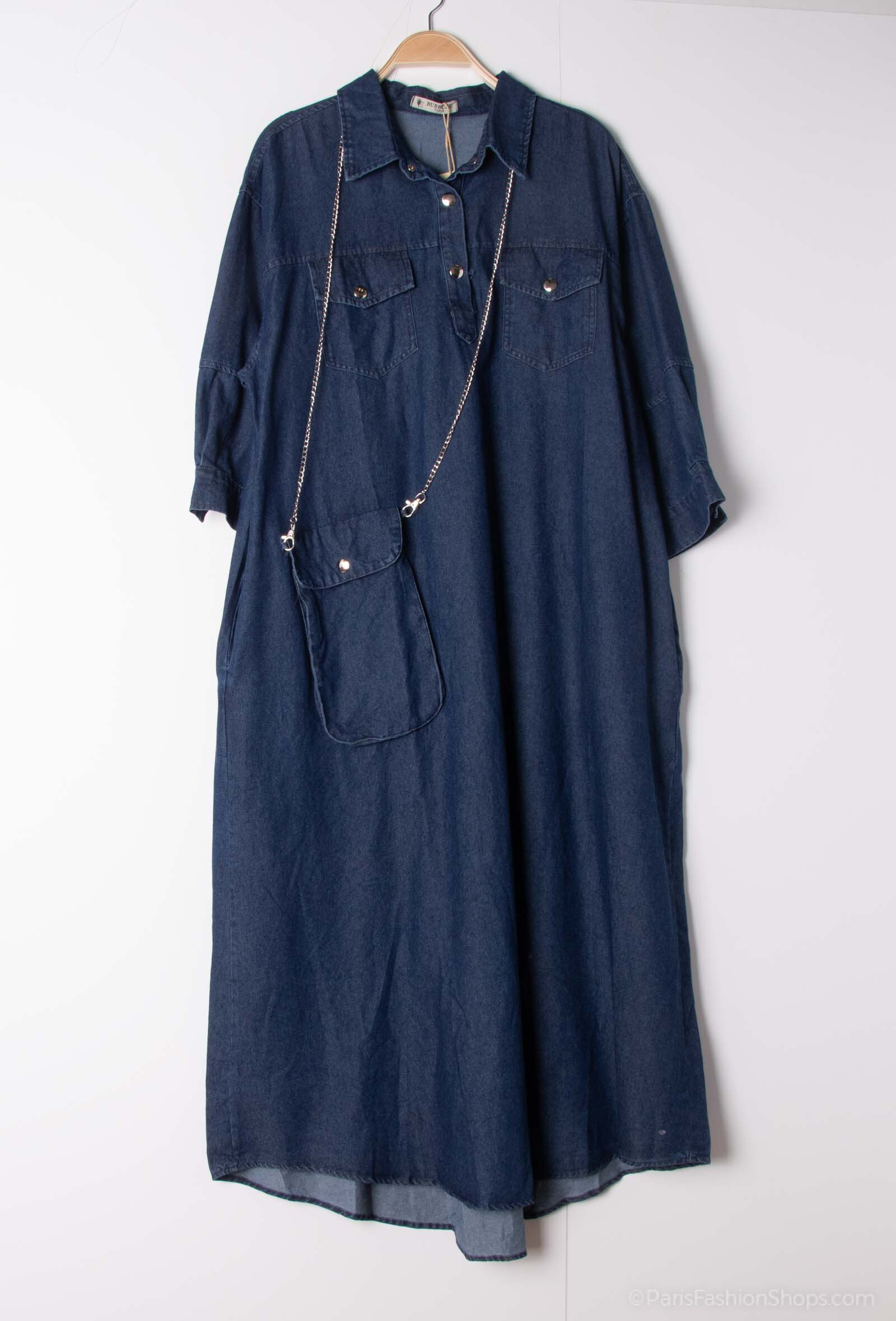 Jeans dress with a front pocket and a chain.