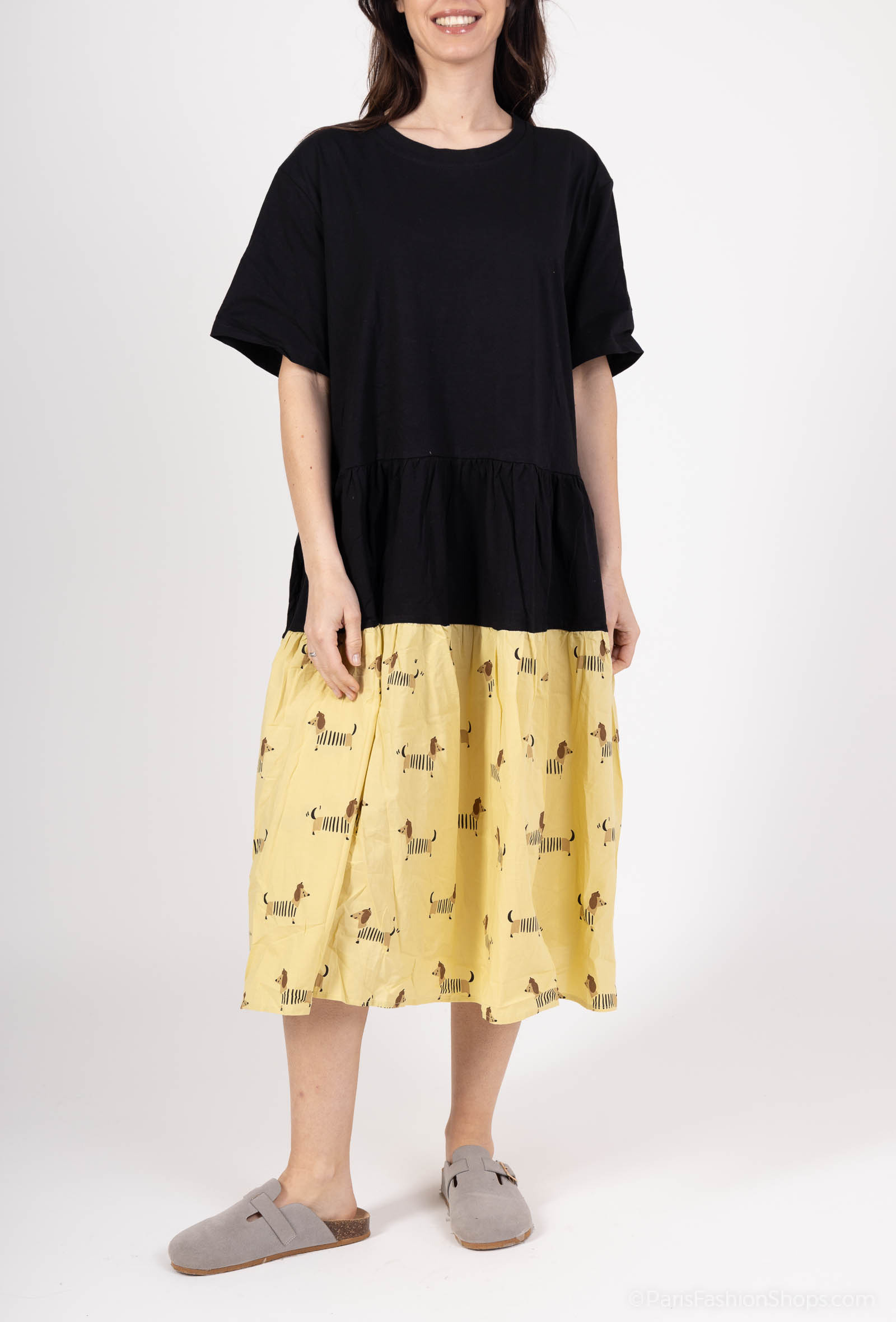 Mayorista But'flies F & 2 - Vestido negro y amarillo con patrón de perro