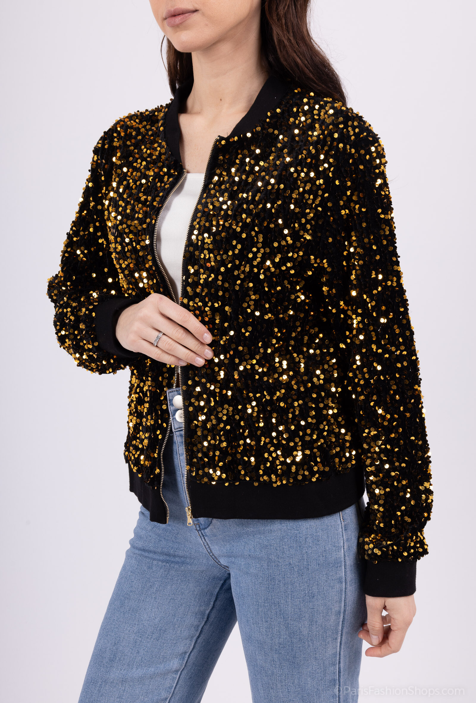 Wholesaler By Clara - Golden Sequin Bomber Jacket – Shine with Every Move