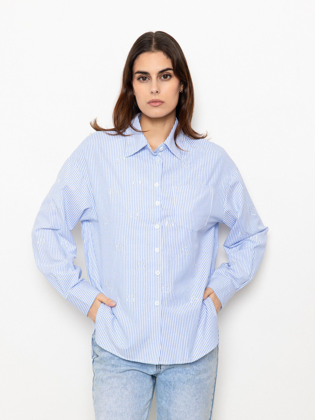 Wholesaler By Clara - Striped Shirt with Heart Embroidery - Casual Loose Fit Long Sleeve Blouse