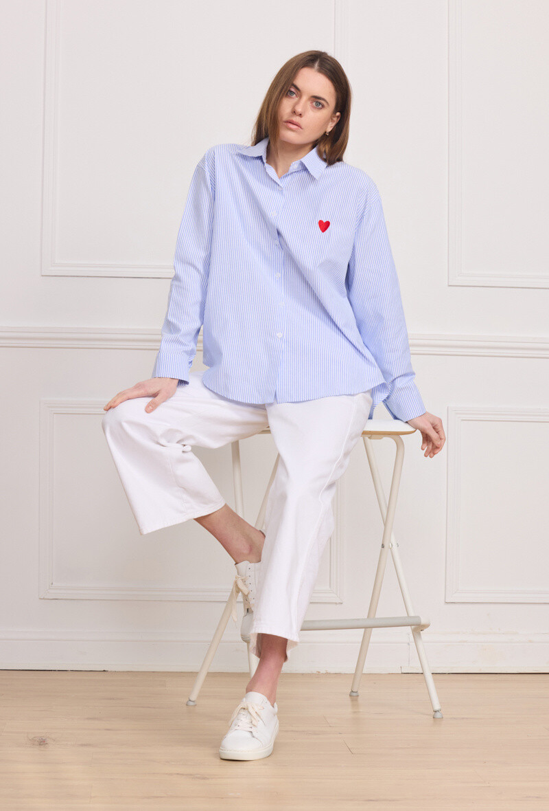 Wholesaler By Clara - Blue Striped Button-Up Shirt with Heart Embroidery – Casual Elegance