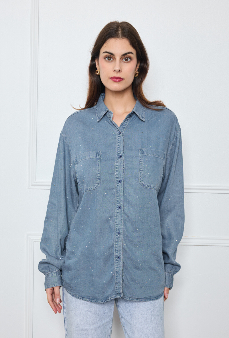 Wholesaler By Clara - Vintage Rhinestone Denim Shirt - Chic & Stylish