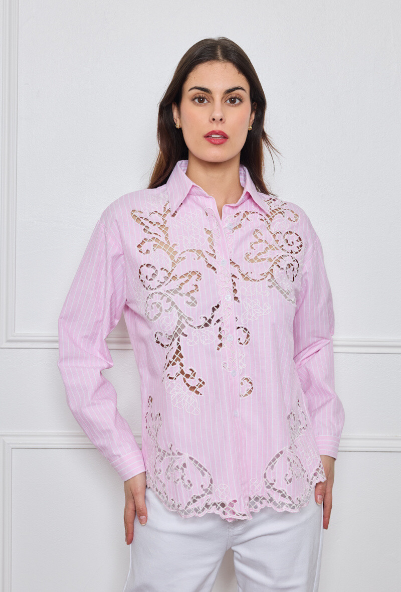 Wholesaler By Clara - Pink Striped Cutwork Shirt