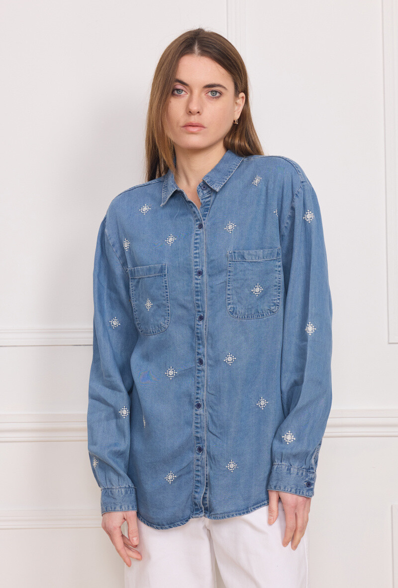 Wholesaler By Clara - Embroidered Denim Button-Up Shirt – Effortless Style