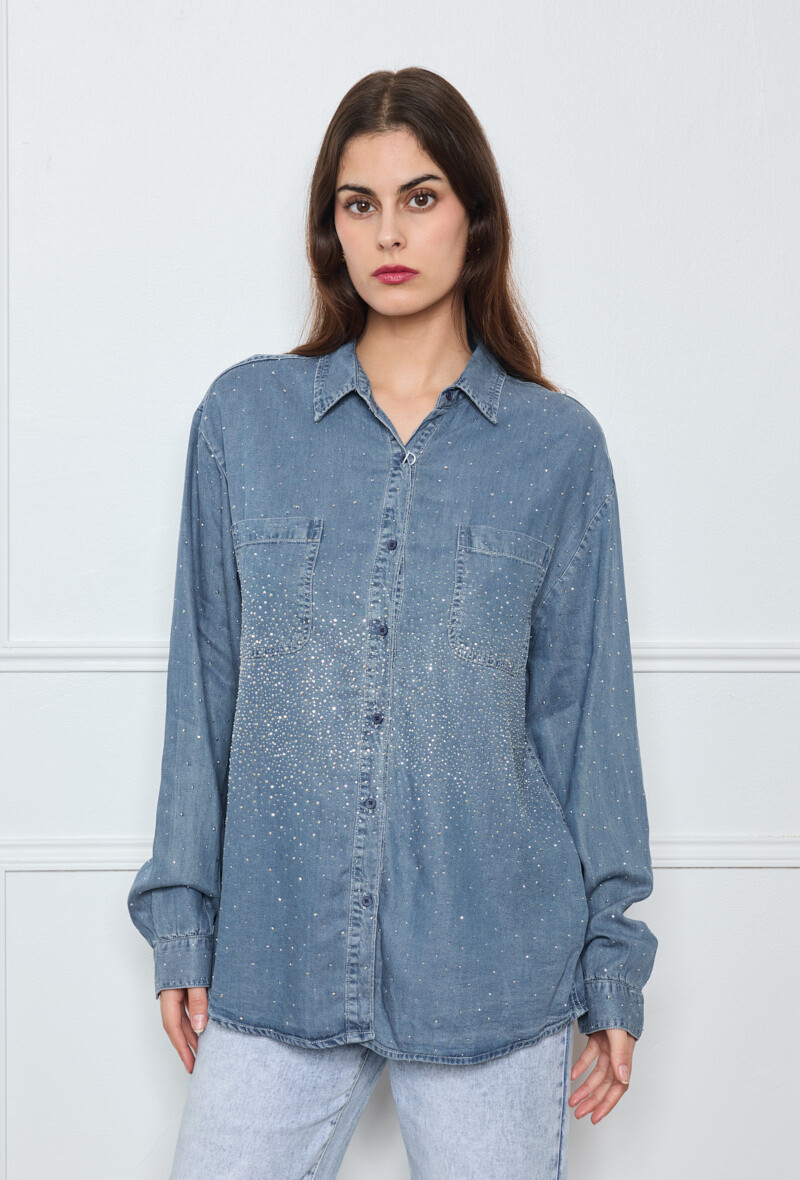 Wholesaler By Clara - Vintage Rhinestone Denim Shirt - Chic & Stylish