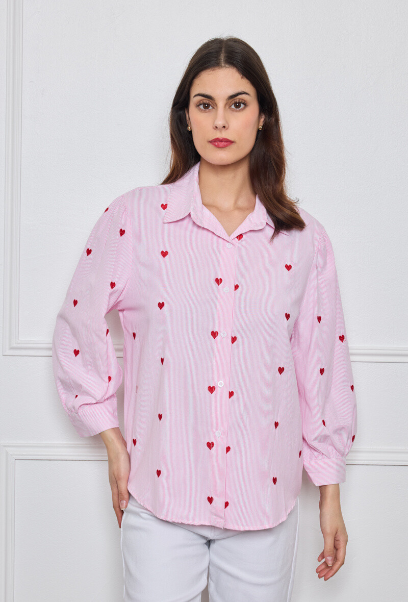 Wholesaler By Clara - Heart Embroidered Striped Shirt