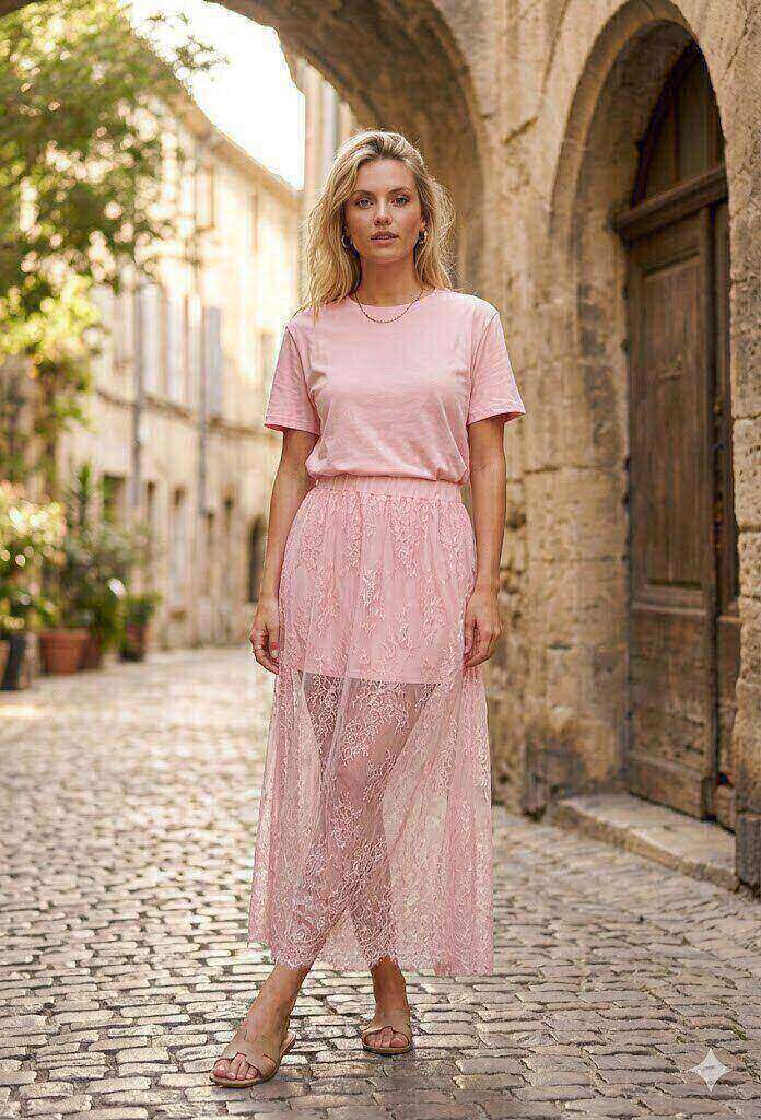 Mayorista By Clara - Conjunto de falda de encaje y camiseta fluida – Elegancia moderna