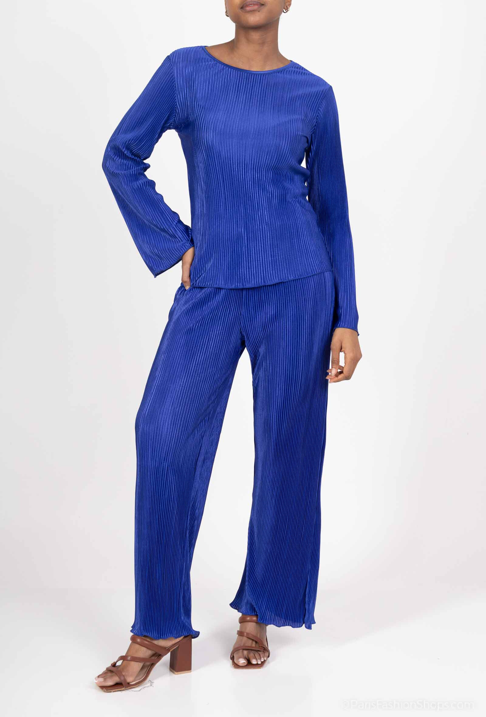 Wholesaler By Clara - Pleated Long-Sleeve Wide-Leg Pants Set